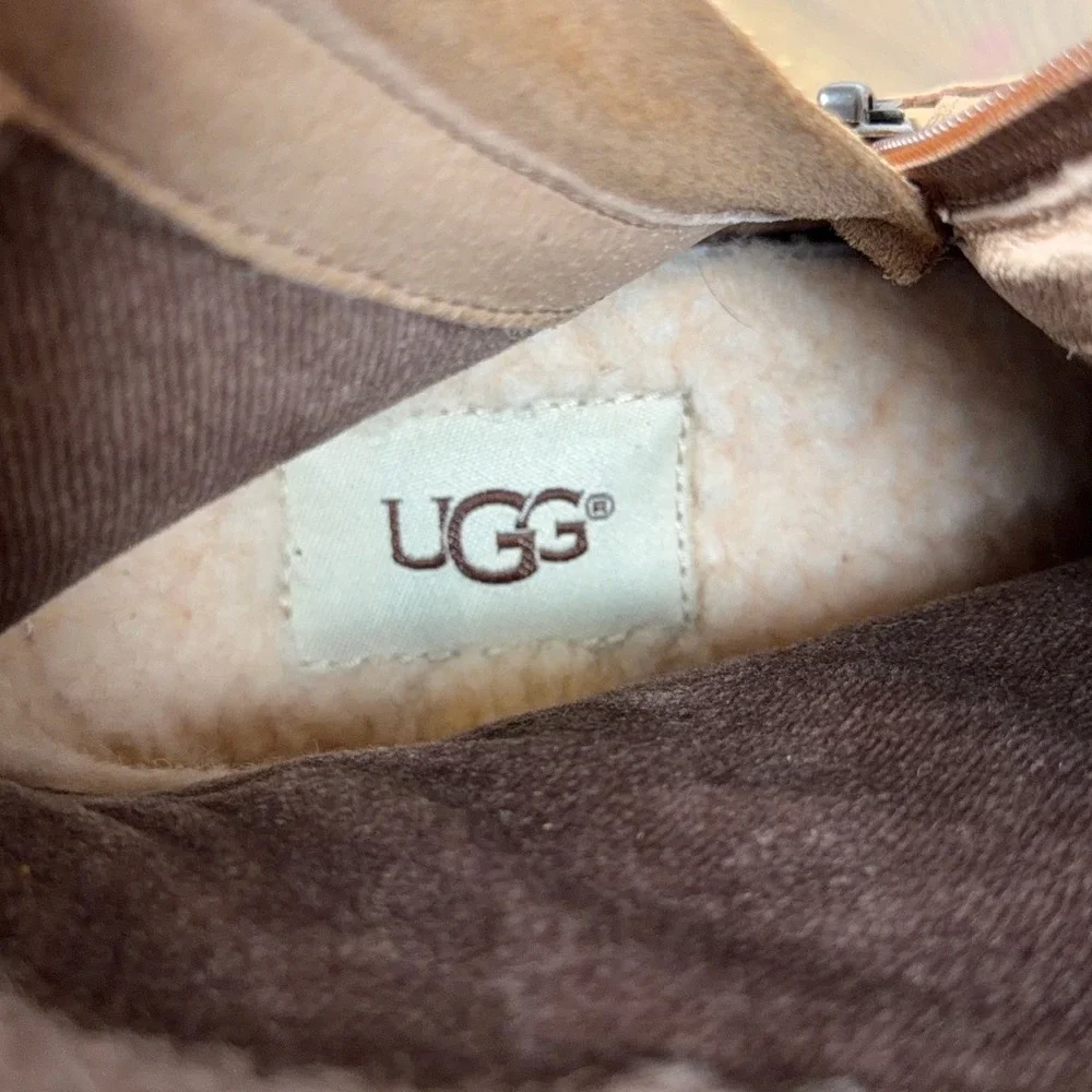 UGG Boots Womens 10 Tan Leather Joely Wedge Shearling Winter Waterproof Y2K